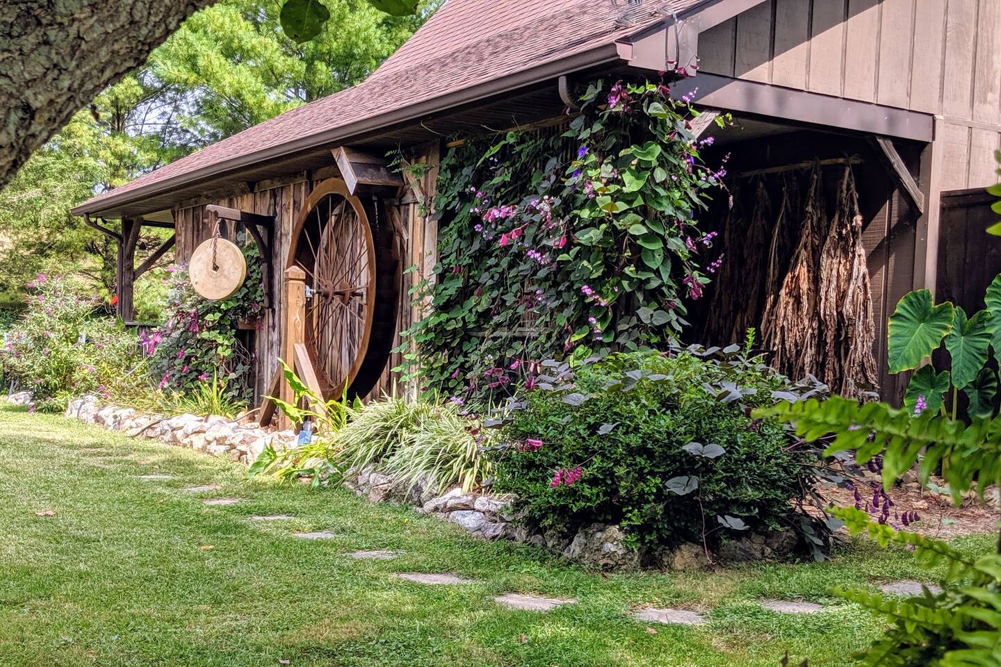 The Mill House is the first thing you will see upon arrival. The Mill Wheel turns 5,256,000 RPM per year and if rolling on the ground it would travel over 20,000 miles!Notice the Old Toby Tobacco curing under the overhang. 