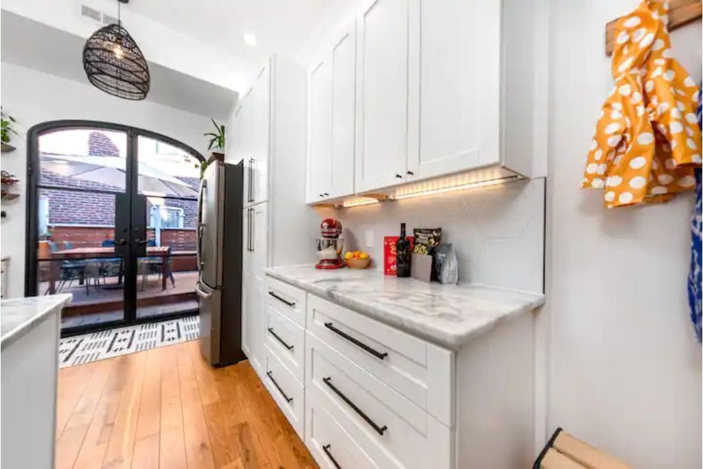 We love cooking, so there are many appliances and a fully stocked pantry.